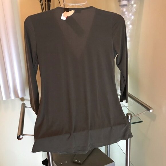 Brian BAILEY Khaki NEW Knit Faux Wrap Ruched Front Knot Twist V Neck Top Shirt S - Picture 3 of 5
